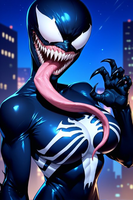 score_9, score_8_up, score_7_up, score_6_up, source_anime, 1girl, solo,  <lora:shevenom-pdxl-nvwls-v1-000006:1> shevnm, mask, sharp teeth, long tongue, black bodysuit, huge breasts, night sky, city, shiny clothes, looking at you, upper body, hand up, portrait, claw pose