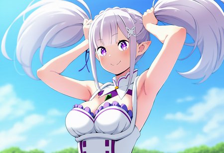 masterpiece, best quality,,detailed_background,outdoors,solo,1girl,na-suke,emilia \(re:zero\),pointy ears,alternate hairstyle,cleavage,smile,blush,purple eyes,large breasts,purple hair,playing with own hair,re:zero kara hajimeru isekai seikatsu,highres,absurdres,long hair,bunching hair,twintails,looking at viewer,breasts,armpits