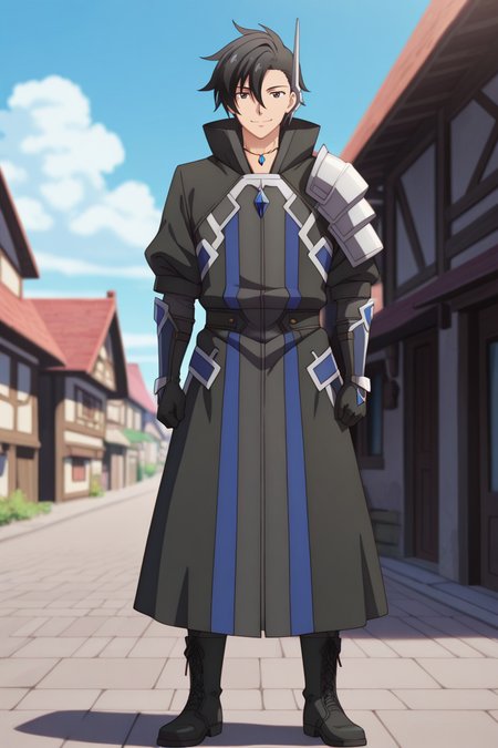 masterpiece, best quality, amazing quality,high resolution, intricate details,official style,depth of field,anime srceencap,anime coloring, , , 1boy, solo, male focus,  <lora:kelvin_celsius:0.90>,kelvin celsius,black hair,black eyes,side swept,short hair,looking at viewer,black coat,accessory,gloves,jewelry,shoulder armor,boots,black gloves,closed mouth,smile,standing,black footwear,full body,confident expression,outdoors,village,street,day,sky