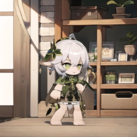 chibi, full body, standing, short hair, white hair, cross-shaped pupils, default_dress, green cape, barefoot, nahida_genshin, indoors, hydroponics,  <lora:Arknights_Chibi_Full_body_v1:1> , <lora:Genshin_yetAnotherNahida_v3:1>