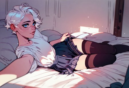 score_7, score_8_up, score_7_up, score_9, score_9, score_8_up,, white hair, male, pale skin, blue eyes, short wild hair, femboy, pastelgoth, vivid lighting, adorable, adult, androgynous, solo character, pretty, attractive, full body, soft lighting, teasing, feminine, hot, sexy, skirt, thighhighs, mirror selfie, cute, sitting on bed