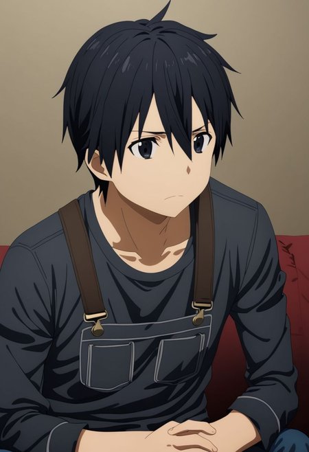 high resolution, professional photography, best quality, 1Boy, Kirigaya Kazuto, Black Hair, Black Eyes, overalldetail, lovely, deep talk, helpless. sit, couch