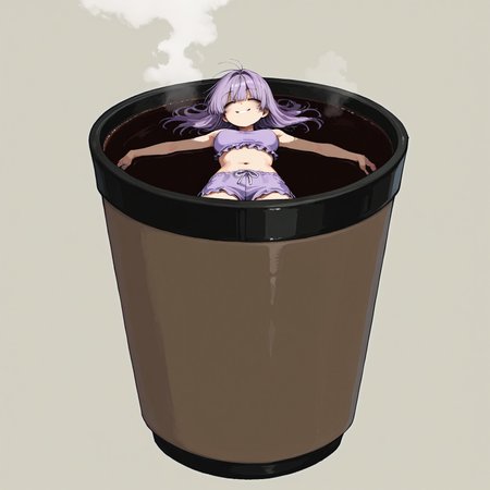 masterpiece, best quality, amazing quality, very aesthetic, absurdres, newest, MinekuraStyle
BREAK,
1girl, solo, detailed face, short purple hair, straight bangs, floating hair, tired, relaxed, bags under eyes, frilly purple swimsuit, purple swim shorts, medium breasts, (huge coffee cup:1.2), miniature woman, (taking bath:0.6), relaxed, closed eyes, smiling, content, hot, steam, floating on back, lying on back, spread eagle,
BREAK, calm atmosphere, simple background, detailed background, deep contrast, limited color palette, high contrast black, dramatic composition, 