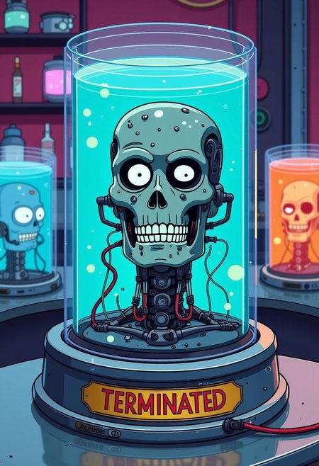 A digital artwork in the style of cknc, image of a Terminator as a 'living head in a jar' inspired by the Futurama series. The head should be in a clear jar filled with a bright blue liquid, with exaggerated tubes and wires connected to it, adding a humorous and whimsical touch. The jar should sit on a metallic stand with a bold, simple nameplate on the front that reads 'TERMINATED.' The background should be a colorful, futuristic lab with other similar cartoon jars, maintaining a playful and light-hearted tone. anime style, key visual, vibrant, studio anime, highly detailed