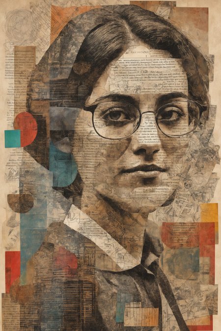 spanish librarian, detailed library background, mixed media collage, abstract,geometric,fine lines,duotone,expressive,patchwork