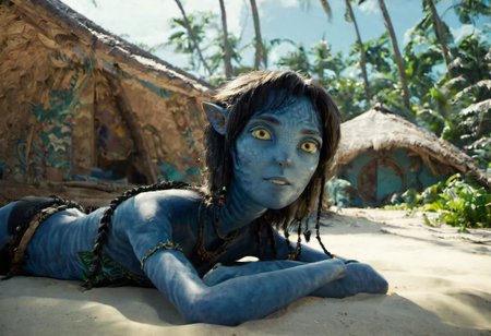 Kiri suntanning on stomach on beach sand, full body, [[closeup]], along, big eyes wide open, ((looking at viewer, high angle)), seaside, tribal huts and trees and ((sea with (high surf))) on background, symmetrical eyes, symmetrical pupils, SK_CINEMATIC