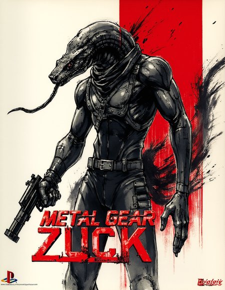 (Playstation Box Art style:1.2), Box of a Playstation game titled "Metal Gear Zuck", (Playstation logo:1.3) in the lower corner.
A stylized illustration made by Yoji Shinkawa.
(anthropomorphic cobra:1.2) with a long bifid tongue, wears a body-hugging suit and a bandana, holding a silenced pistol in a dramatic pose.
The background has bold red accents with a predominantly grayscale palette, creating high contrast. The art style is expressive, with energetic brushstrokes, heavy shadows, and a sense of motion surrounding the figure.
The game title  "Metal Gear Zuck" is displayed below in  bold, futuristic, angular font. The letters are all uppercase and have a sharp, geometric design with thick lines. The words 'Metal Gear' are in a bold, blocky style, slightly slanted to the right.
<lora:yoji_shinkawa_1_0:0.5>