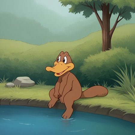 score_9, score_8_up, score_7_up, score_6_up, score_5_up, score_4_up, source_furry, Flapbbv2, semi-anthro, male, Platypus, brown fur, duck-billed, webbed feet, sitting, next to a stream, feet in water, in the forest, solo, 1boy