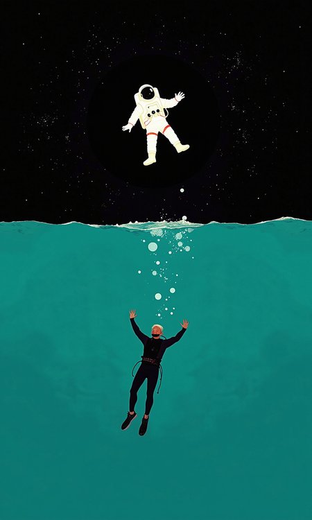 A minimalist graphic design features an astronaut floating in outer space against a backdrop of a dark night sky speckled with stars. 
Below, in a distinctly different space, a diver is depicted floating in a deep teal-toned ocean, with bubbles scattered around him.  The diver is also outlined in a simple, cartoon style. 
The overall aesthetic is serene and contrasts the vastness of space with the depths of the ocean, invoking a sense of wonder and exploration.  The color palette and stylistic simplicity give it a calming feel.
<lora:FLUX-daubrez-DB4RZ-v2:1> DB4RZ, DB4RZ style painting
