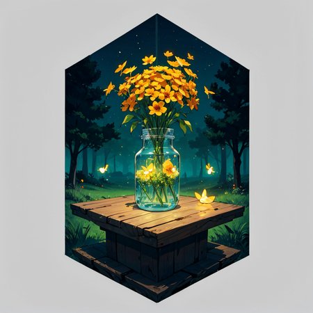 otherworldly, hexagonal composition, glass jar, wooden table, fireflies, night, outdoors, simple background  <lora:hexagon_composition_03:0.6>