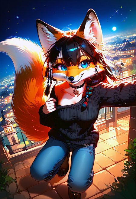 score_9, score_8_up, score_7_up, braided black hair, anthro fox female,foxfolk,perfecteyes,blue eyes, one eye covered by hair, open chest, medium breasts, down blouse,black choker, black knittet sweater,over sized sweater, tights, jeans,from above, selfie, looking at viewer,dutch angle, perfect quality, high quality,  at night ,cosy athmosphere, expressiveH