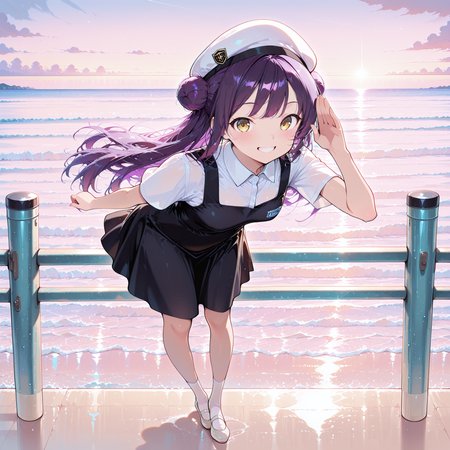 masterpiece, high quality, absurdres, best quality, very aesthetic, newest, highres,  1girl, solo, <lora:Rein:1>, purple hair, yellow eyes, long hair, hair buns, small breasts, white beret hat, <lora:Malaysia_School_Uniform_Primary_School_Uniform:1>, (malaysian secondary school uniform), (pinafore dress), (black skirt), (black pinafore), (collared shirt), (white shirt), (short sleeves), (white socks),(short socks), (white footwear), (ballet flat), full body, sea shore, standing, looking at viewer, grin, saluting, leaning towards