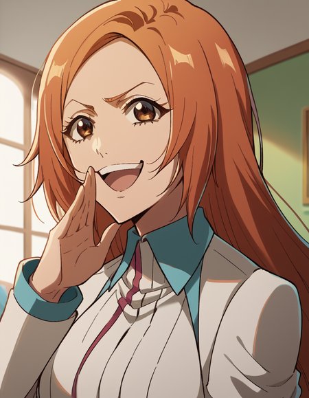 score_9, score_8_up, score_7_up, source_anime, inoueorihime, <lora:inoue-orihime-tybw-ponyxl-lora-nochekaiser:1>, inoue orihime, long hair, orange hair, brown eyes,, <lora:ojou-sama-pose-ponyxl-lora-nochekaiser:1>, ojou-sama pose, laughing, smug, hand to own mouth, open mouth,, indoors, smile,, cowboy shot, dutch angle, looking at viewer,