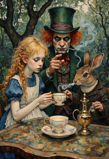 kaoruyamada1 illustration.

Extreme low-angle shot, tight on gnarled moss-covered oak table, colossal scale dwarfing figures. Alice (long flaxen braid, cobalt pinafore over ivory dress) grips cracked porcelain teacup, knuckles white. Manic Mad Hatter (wild ginger mane, emerald top hat) thrusts tarnished silver teapot, finger accusatorily stabbing left. Anthropomorphic Rabbit (tweed waistcoat, monocle) exhales spectral smoke-rings from ornate hookah. Arthur Rackham meets Tim Burton aesthetic: saturated moss-green forest, chiaroscuro dappled light, decaying grandeur. Textures: wet lichen, tarnished metal, frayed silk. Oppressive whimsy. Steam swirls, merging with smoke, teacup surface reflects distorted canopy. Dutch tilt.
