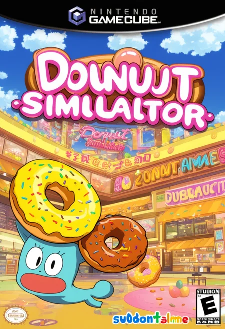 anime artwork <lora:GCNBoxArt:1> GCNBOXART, "donut simulator", title, food_focus, no_humans, . anime style, key visual, vibrant, studio anime,  highly detailed