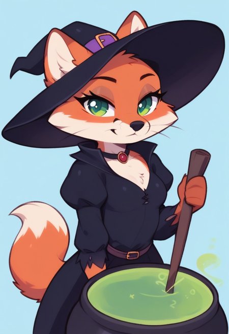 score_9, score_8_up, score_7_up, highres, high quality, perfection,
BREAK 
1girl, (solo: 2.0), girl alone, front view, simple blue background, halloween,
BREAK 
furry female, (anthro fox girl: 1.2), cute girl, detailed fur, two-tone fur, orange fur, white fur, (bald_girl: 1.2), (baldness: 2.0), detailed face, beautiful face, eyelashes, (green eyes: 1.2), perfect eyes, detailed eyes, whiskers, small breasts, fluffy tail, (chibi: 1,4),
clothed, witch, witch outfit, black dress, puffy sleeves, witch hat, 
standing, stirring cauldron,
BREAK
big cauldron, witch cauldron with green liquid, magic,