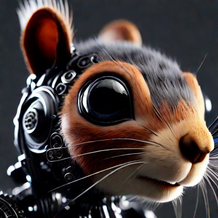 <lora:Robots and Blonde Girl:0.99>squirrel, portrait, close-up, non-humanoid robot, no humans, solo, advanced robotic squirrel design, close-up view capturing the head and upper body, lifelike eyes with glossy black surfaces reflecting the surroundings, delicate fur textures on the face blending seamlessly with metallic and mechanical components, intricate network of gears, wires, and small circuits embedded around the eyes and forehead, highly detailed whiskers protruding from the snout area, nose and ears retaining a naturalistic appearance, neck and upper body covered with a mix of synthetic fur and visible metallic structures, featuring small gears and bolts, tail visible in the background, hinting at the fluffy yet robotic nature, soft lighting creating subtle reflections on the metal parts, neutral background slightly blurred to keep focus on the squirrelâs face, overall composition showcasing the fusion of natural squirrel features with high-tech robotics, evoking a sense of advanced bio-mechanical design, image portraying the robotic squirrel as an intriguing and lifelike fusion of nature and technology