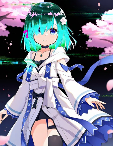 masterpiece, best quality, newest, absurdres, highres, safe, 1girl, isuzu ren, magia record: mahou shoujo madoka magica gaiden, glitch hair, glitch, solo, smile,  outdoors, cherry blossoms, night, dutch angle,  
night, dutch angle, <lora:isuzu_ren_noobaiXLNAIXL_vPred10Version:0.7>