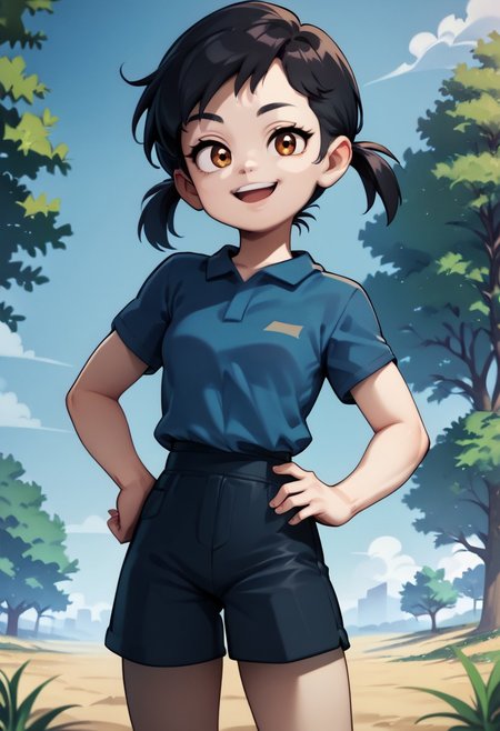 score_9, score_8, score_7, 1girl, solo, plum, blue shirt, shorts, black hair, short twintails,
looking at viewer, v, field, trees, smile, (round) eyes, hand on hip, open mouth,