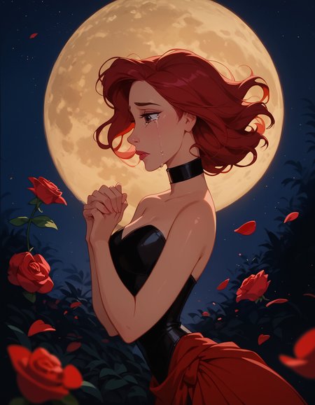 <lora:Disney_Style:.9> <lora:princess_xl_v2:.75> <lora:add-detail-xl:.9> <lora:g0th1cPXL:.3> <lora:Cherry-Gig:.45> <lora:Expressive_H:1> <lora:PLASTT_PonyV6:1>  score_9, score_8_up, score_7_up, zPDXL, DisneyRenstyle, score_9,score_8_up,score_7_up,score_6_up, scenic balcony, night, moon, moon light, (red flower petals floating behind girl, floating rose petals behind girl, romantic), (((standing, 3/4 view, side view, side profile))), 
1girl, attractive 18 year old, red hair, short hair, messy hair, brown eyes, (((sad expression, tears, heartbroken))),  (((hands together, looking down))), (solo), (black leotard:1.2, high neck), (red sarong, black choker), shiny skin, perfect reflection, small hips, slender, hourglass figure, attractive, shiny skin, perfect reflection, small hips, slender, perfect face, perfect hands, g0thicPXL, Expressiveh, 
score_9, score_8_up, score_7_up, depth of field, realistic shadow, motion lines, Expressiveh, realistic, dramatic lighting, beautiful, animation, sharp focus, award winning, masterpiece,  dynamic, cinematic lighting, great attention to skin and eyes, breathtaking, exquisite, exceptional,