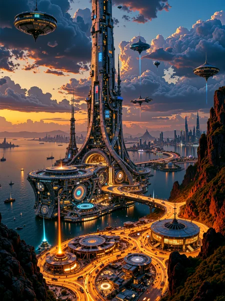ultra-high-resolution cinematic film still, highest aesthetic quality, ultra-detailed, hyper-realistic, uhd, 8k, 4k,science fiction, a towering space elevator rising from a vast, high-tech coastal city at twilight, the terminal structure at the base glows with activity, surrounded by sleek anti-gravity freighters, landing pads, magnetic rails, and futuristic hangars, its architecture is clean and monumental, blending sharp lines with illuminated panels, the city itself stretches out toward the ocean with layered, overlapping districts of luminous towers, neon-lit walkways, and floating vehicles weaving between buildings. in the background, the space elevator pierces through low-lying clouds and extends into the stratosphere, a thin thread of light connecting earth to orbit, beyond the city, ocean waves shimmer with reflected lights and distant cargo platforms, while faint traces of orbital rings and satellite constellations glint in the sky above. a column of ascending transport pods travels along the elevator cable, leaving glowing trails in their wake, their paths converging toward the vanishing point in the sky, near the base, crowds of tiny figures and service bots move in rhythmic patterns, loading cargo and preparing for launch. birds eye perspective with a slight downward tilt, emphasizing the connection between the vibrant city below and the impossibly tall vertical structure disappearing into the heavens. twilight ambiance with warm golden and cool blue light interplay, subtle atmospheric haze at high altitudes, the space elevator lit from beneath by city lights and from above by the last rays of the sun, glowing traces of energy along the elevator cable create a luminous visual path into orbit. filmed in ultra-wide format, captured on digital imax using a 100mm lens at f/2.8, using rembrandt style lighting for dramatic highlights and shadow depth, masterful use of light and shadow, ovg, artilands02, <lora:style-fantastic_landscapes-v2-flux-by_artifyai:0.76> <lora:sinfully_stylish-dramatic_lighting-v1.0-flux-by_exuberantconsent:0.96>
