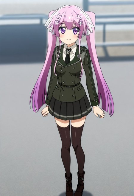 blurred background,
smile,
looking at viewer,
solo,
hundred_-_sakura_kirishima, pink_hair, long_hair, twintails, hair_ornament, hair_flower, purple_eyes, purple_hair, hair_ribbon,
school_uniform, jacket, long_sleeves, black_necktie, skirt, black_thighhighs, boots,
standing,
masterpiece,best quality,good quality,newest,
