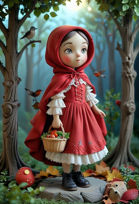 masterpiece, best quality, (curious red riding hood) young character, wearing a dark red hooded cape, lace-up bodice, long skirt with lace trim, leather shoes , bonnet, set in  a serene woods, with rustling leaves, dappled sunlight, a gentle breeze, birds singing, and a sense of peace, under the moonlight, at night, smiling