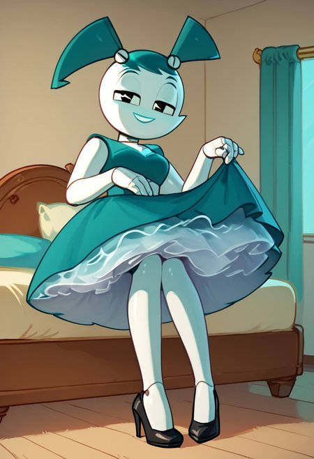 (Masterpiece, best quality:1.2), score_9, score_8_up, flat color, flat shading, soft shading, lighting, Jenny Wakeman as an adult, in a 1950's full length formal blue skirt, a white belt, button down v-neck formal black top, a fluffy frilly ruffled full white petticoat, and black high heels, dress, layered petticoat, frilly petticoat, fluffy petticoat, full petticoat, detailed petticoat ((wide skirt, detailed outfit, flowing skirt, long skirt, solid blue colored skirt, black high heels)), blue hair, series accurate, cute, best high quality, high res, robot, humanoid robot, medium breasts, whole body shot, 1girl, ((solo, inside, in a romantic bedroom, sitting on the bed, sitting, bent knees, looking at you, low angle)), cute, seductive, seductive smile, half lidded eyes, low angle shot, cartoon, cartoon style, vector, solo, circle dress, 1950s, whisperfoot_style, dance dress jenny, jenny wakeman, 1girl, solo, robot joints, black eyes, white skin, ponytail, hair bow, blue rose chest corsage, poofy dress, blue hair, flat lighting
