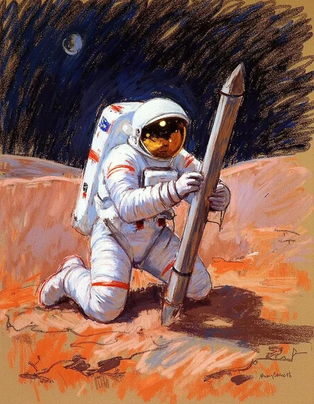 marycassatt2 drawing, an astronaut repairing an antenna on mars