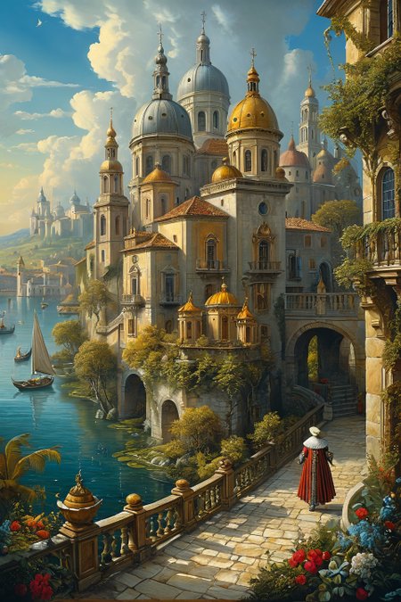 Baroque, Baroque, landscape,creator landscape, "hidden city of magic, concept art, 4k",
<lora:clear:0.15> style of Michael Cheval.
<lora:greg_rutkowski_xl_2:0.3> greg rutkowski,
 clear <lora:tbh129-sdxl:0.3>,
<lora:extremely_detailed:0.7> extremely detailed ,
<lora:add-detail-xl:0.7>,, Fantasy painting art style, imaginative, dynamic composition, professional-grade execution, creates immersive world and landscape, painterly, epic, magical, dramatic, exuberant, grandeur, baroque art, oil painting art style from Renaissance period, masterful composition, Renaissance mood, renaissance oil painting, brush strokes, dramatic, exuberant, grandeur, baroque art