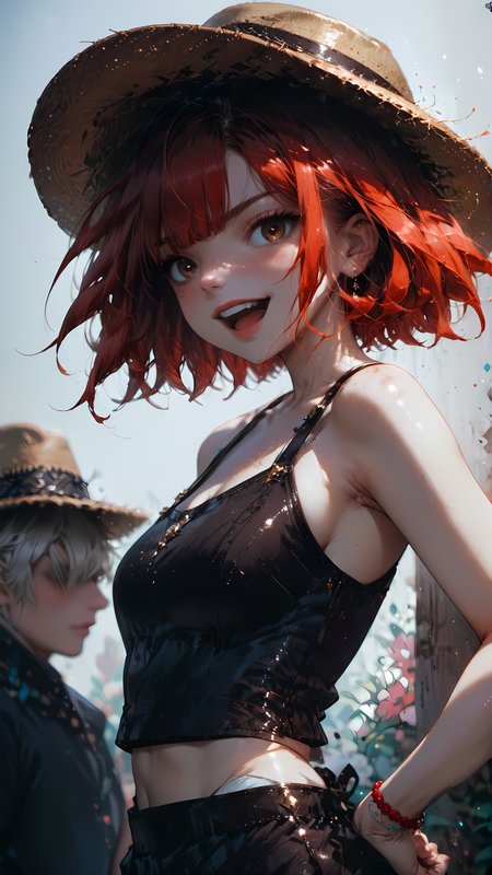 score_9, score_8_up, score_7_up, rating_safe, high res image, masterpiece, best quality, photo-enhanced,
1girl, red hair, brown eyes, sparkling eyes, bright eyes, burst eyes, short hair, bangs over eyes, bowl cut, pale face, freckles, medium breasts, midriff, leather bodice, 
red summer dress, straw fedora, hands on hips, looking at viewer, view from side, fanning face, disgusted face, frown, open mouth,
garden background,
<lora:Expressive_H:1> <lora:princess_xl_v2:1> <lora:Fant5yP0ny:1> <lora:Vixons Pomy Styles Gothic Neon:.45> <lora:HKStyle_V3:1>  <lora:disgusted_face_xl_goofy:1>