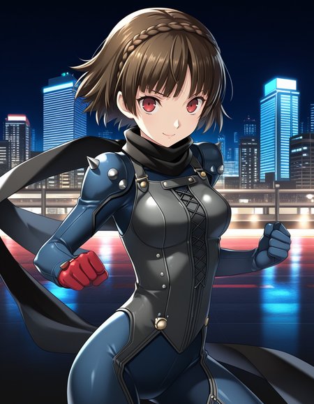 (cub3s0ft),   <lora:1_illu_cubesoft_15e:1>, 1girl, Niijima Makoto, Persona 5, cowboy shot, brown hair, red eyes, crown braid, blue bodysuit, scarf, shoulder spikes, smile, closed mouth, short hair, small breasts, fighting stance, Tokyo, red and black background, city, (masterpiece, best quality, amazing quality),
