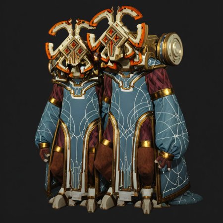 smile, helmet, hooves, robe, black background, 1other, full body, standing, tabard, colored sclera, boots