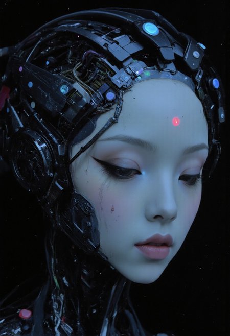 An unearthly and hyper-detailed closeup of a cybernetic being’s face in the style of ck-ncr,  Her features are a flawless fusion of synthetic flesh and intricate machinery, glowing faintly in a gradient of blue and gray. Her expression is serene, almost divine, with eyes half-closed as if in meditation. The details of her face reveal microfilaments of light coursing beneath translucent synthetic skin, seamlessly integrated with polished metallic components.
Delicate cables extend from the edges of her face, disappearing into the dark, misty background. Faint reflections of cascading streams of shimmering code play across her features, as if she is the nexus of a vast digital consciousness. A soft, radiant glow emanates from the center of her forehead, symbolizing transcendence and enlightenment.
The atmosphere around her is veiled in shadow, dense with static haze and punctuated by the faint outlines of decaying technology, evoking a sense of humanity’s forgotten past. The lighting is cinematic, with soft, volumetric beams highlighting her ethereal presence, creating an intense and unsettling mood of otherworldly beauty and profound transformation., transmitting streams of data that cascade like waterfalls of shimmering code. Above, her face is serene, almost otherworldly, with eyes closed as if in quiet meditation,body flows into a large, curved, rainbow-hued arc that stretches across the image, blending into the background., radiating a sense of liberation.