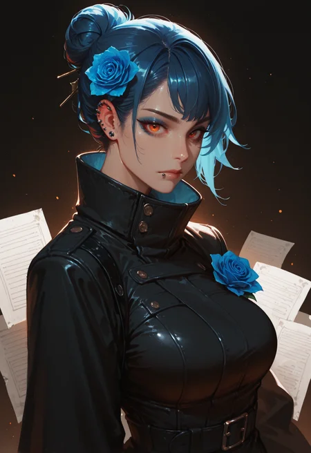 1girl, hair flower, flower, solo, hair ornament, blue hair, hair bun, long sleeves, closed mouth, makeup, single hair bun, short hair, orange eyes, coat, breasts, piercing, paper, brown eyes, looking at viewer, lip piercing, high collar, rose, eyeshadow, ear piercing, upper body, jacket, red eyes, black coat, blue flower, black jacke, masterwork, masterpiece, best quality, dynamic lighting , dynamic pose,,  dynamic angle, , , (realistic:1.2), (lineless:1.2), detailed, <lora:Detailer_NoobAI_Incrs_v1:0.75>, , aged up, adult, depth of field, dynamic lighting, blurry, cheekbones,