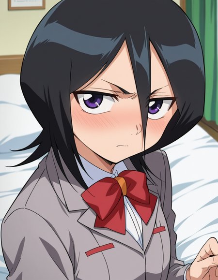 score_9, score_8_up, score_7_up, source_anime, 
rukiakuchiki, <lora:rukia-kuchiki-s1-ponyxl-lora-nochekaiser:1>, 
rukia kuchiki, black hair, hair between eyes, purple eyes, short hair,
skirt, bow, school uniform, jacket, blazer, grey jacket,
indoors, bed, bed room, on side, blush, drunk,
looking at viewer, cowboy shot, dutch angle,