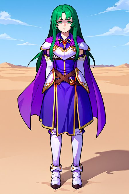 score_9, score_8_up, score_7_up, score_6_up, source_anime, BREAK 1girl, solo, <lora:fececilia-pdxl-nvwls-v1:1> defCeci, green hair, green eyes, purple cape, brooch, armored dress, purple dress, elbow gloves, white gloves, belt, white boots, desert, blue sky, looking at you, tired, arms at sides
