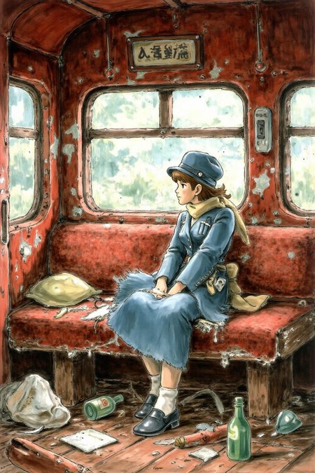 miyaha1 manga illustration.
jati1 painting
a girl sitting in a dilapidated train car. The train's red interior is faded and worn, with patches of rust staining the walls and ceiling. Garbage, broken bottles, and scraps of paper litter the floor, adding to the sense of decay. The girl sits on a torn, upholstered bench, her posture thoughtful and melancholic, with light streaming through a cracked window to illuminate her figure. Her attire blends vintage elegance with subtle modern touches, featuring a tailored coat and a scarf that catches the soft rays of light. Leyendecker's signature use of bold, confident brushstrokes and interplay of light and shadow bring depth to the scene, emphasizing the textures of the rust, the glossy shards of glass, and the folds of the girl's clothing. The mood is one of poignant beauty, juxtaposing the ruinous surroundings with the girl's quiet grace. 
 <lora:miyaha1_cap_d6a3e12:1.0><lora:818072325346850293:0>