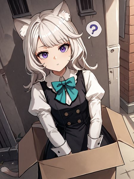 score_9, score_8_up, score_7_up, score_6_up, source_anime BREAK
1girl, solo, <lora:Genshin_Little_Lynette_Pony_v1:0.75>, medium hair, long hair, long sleeves, black dress, black vest, collared shirt, teal bow, cat ears, parted lips, cat tail, (white hair:1.5),  puffy sleeves, bowtie, in a cardboard box, (alleyway:1.5), purple eyes, expressionless, (question mark:1.5), looking at viewer, hands,