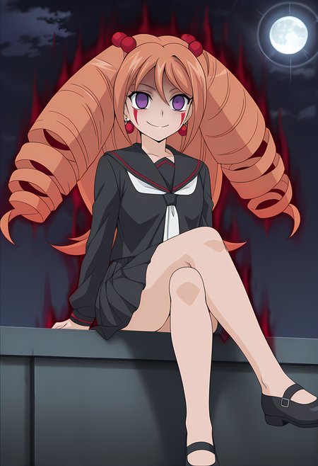masterpiece,best quality,amazing quality,

1girl, solo, face focus,

Rekka Tatsunagi (Cardfight Vanguard), long hair, orange hair, drill hair, twin drills, purple eyes, earrings, jewelry, hair ornament, hair bobbles,

school uniform, black serafuku,  black skirt, pleated skirt, white neckerchief, long sleeves, pleated skirt, black footwear, mary janes,
Sit, crossing legs, 

cinematic, smile, evil smile, 

Lens flare, bloom, night, moon,

Reverse Corruption, red aura, corruption, empty eyes, facial mark,

Official style, anime screencap, anime coloring,
















