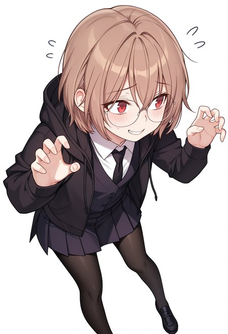 Smooth Quality,masterpiece,very intricate, high quality details, ultra realistic, high detailed skin,detailed enviorement,absurdres,
nervous, nervous smile, claw pose,
 <lora:Young-Joo_CNR:0.8> young_joo_cnr, 1girl, brown hair, short hair, red eyes, glasses, young_juniform_cnr, school uniform, black jacket, white shirt, collared shirt, black necktie,hoodie, pleated skirt,black pantyhose, black footwear,, simple background, white background, from behind,solo,