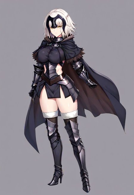 Jeanne_Armored, white hair, short hair, yellow eyes, headpiece, black armor, breastplate, short dress, armored skirt, vambraces, underbust, metal collar, fur-trimmed capelet, cloak, belt, scabbard, thighhighs, armored boots, thighhighs under boots, 
masterpiece, best quality, very aesthetic, absurdres, 1milf, 1adult, solo, full_body, tachi-e,