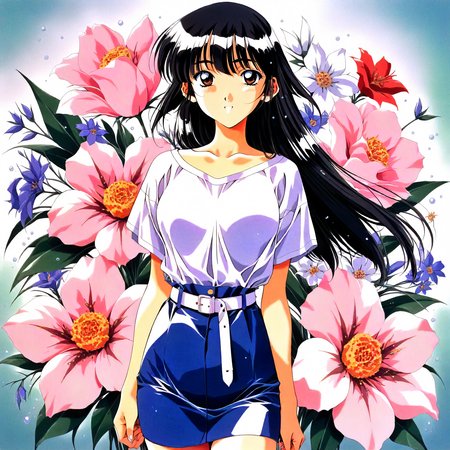 <lora:SG_ayasaki_wakanaXLanimagine001>,
masterpiece,high score,great score,absurdres,
flower background,glitter,
smile,
looking at viewer,
solo,
anime coloring,retro artstyle,1990s \(style\),
ayasaki_wakana\(sentimental_graffiti\),1girl,black hair,long hair,brown eyes,
wide neck shirt,white shirt,short_sleeves,
white belt,blue skirt,pencil_skirt,
cowboy shot,
standing,