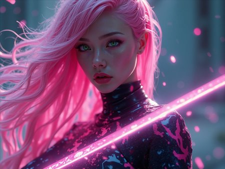 high quality, holding a katana, a mesmerizing 20-year-old woman with a futuristic beauty and green eyes, intricately woven into her very being, encased in the cybernetic suit, move with fluidity and precision, Her flowing pink hair resembles streams of neon lights, casting a vibrant glow that adds a touch of cyberpunk brilliance to her appearance, Each strand of hair is meticulously crafted with holographic patterns that shimmer and shift, creating an ever-changing display of colors, watercolors