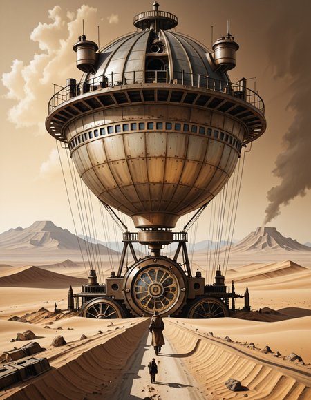 A surreal, post-apocalyptic painting in the style of JarosÅaw Jasnikowski, depicting the remnants of humanity fully transformed into biomechanical cyborgs wandering across an endless desert. The figures are tall and thin, with elongated limbs made of polished brass, steel cables, and exposed clockwork mechanisms. Their faces are partially human, partially machineâsome with glowing eyes, others with metal masks or glass domes revealing complex gears within. Each cyborg carries strange mechanical devices or wears baroque, steampunk-inspired armor. The desert landscape is vast and cracked, with rusted machine parts half-buried in the sand and fragments of broken technology scattered across the ground. In the distance, colossal, decaying machines lie abandonedâhalf-sunken cities, metallic towers bent by time, and airships grounded and torn apart. The sky is hazy and ochre-colored, with two suns casting long, warped shadows. The atmosphere is haunting and symbolic, evoking themes of lost humanity, time, and industrial decay. Rich textures, dark golden tones, and impossible architecture complete the surreal and philosophical ambiance typical of Jasnikowskiâs work.<lora:SDXLFaeTastic2400:0.4> <lora:extremely_detailed:0.4> extremely detailed,JarosÅaw J4sn1k0wsk1 <lora:JarosÅaw_J4sn1k0wsk1:1>, Masterpiece,best quality,hi res,8k,hi res,8k,award winning,(sharp focus, intricate, highly detailed),