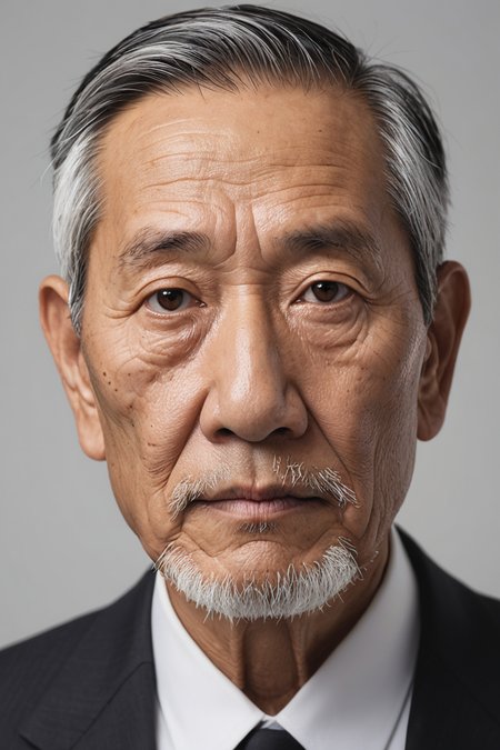 Realistic,Chinese old man portrait,upper body,short black hair,black eyes,indoors,white background,wearing a black suit,cool white lighting,looking at viewer,pale white beard,weathered facial wrinkles