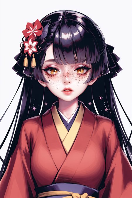 1girl, solo, japanese clothes, kimono, hair ornament, long hair, freckles, lips, makeup, bangs, upper body, looking at viewer /////////// <lora:rsef-000225:1>