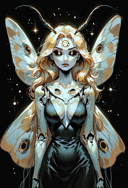 score_9, score_8_up, score_7_up, score_6_up, score_5_up, wat, RBE, highres,  masterpiece, 1girl, solo, black background, golden eyes, white skin, looking at viewer, g0ldl34f, abstract, curvy, busty, starry sky, long hair, black dress, 1r1d3sc3nc3, moth, monster girl, wings, arthropod girl, extra eyes, black sclera, antennae, wires, cybernetics, metallic arms