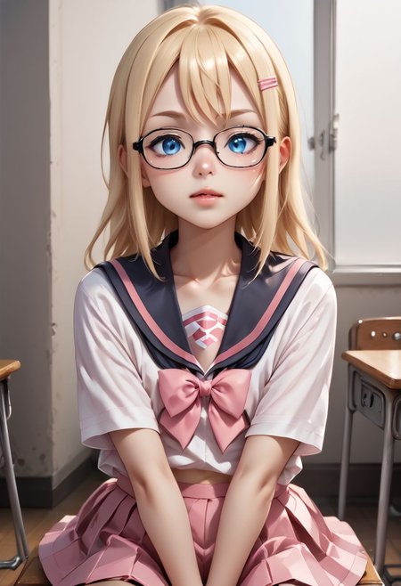 anime art. girl with blonde hair, blue eyes, glasses, flat chest, pink school uniform