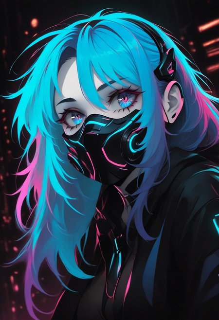 1girl, dual tone blue hair, CatGirlNeonStyle, pale skin, CatGirlStyle, Smooth Quality, dual tone coloring, adult, cybernetic enhancements, noir, !!!